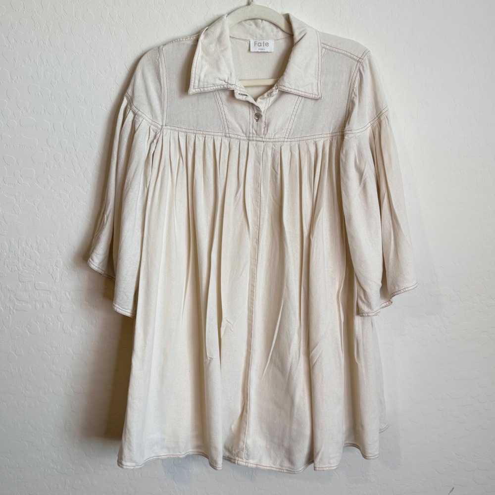 Fate Cream Linen Blend Pleated Babydoll Tunic Top Oversized Collared Boho S‎